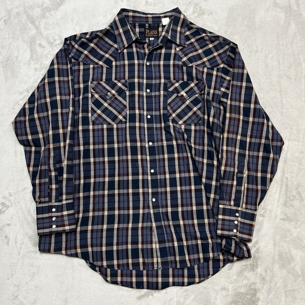 Plains Western Pearl Snap Button Up Shirt Long Sleeve Plaid Collared Mens Sz XL